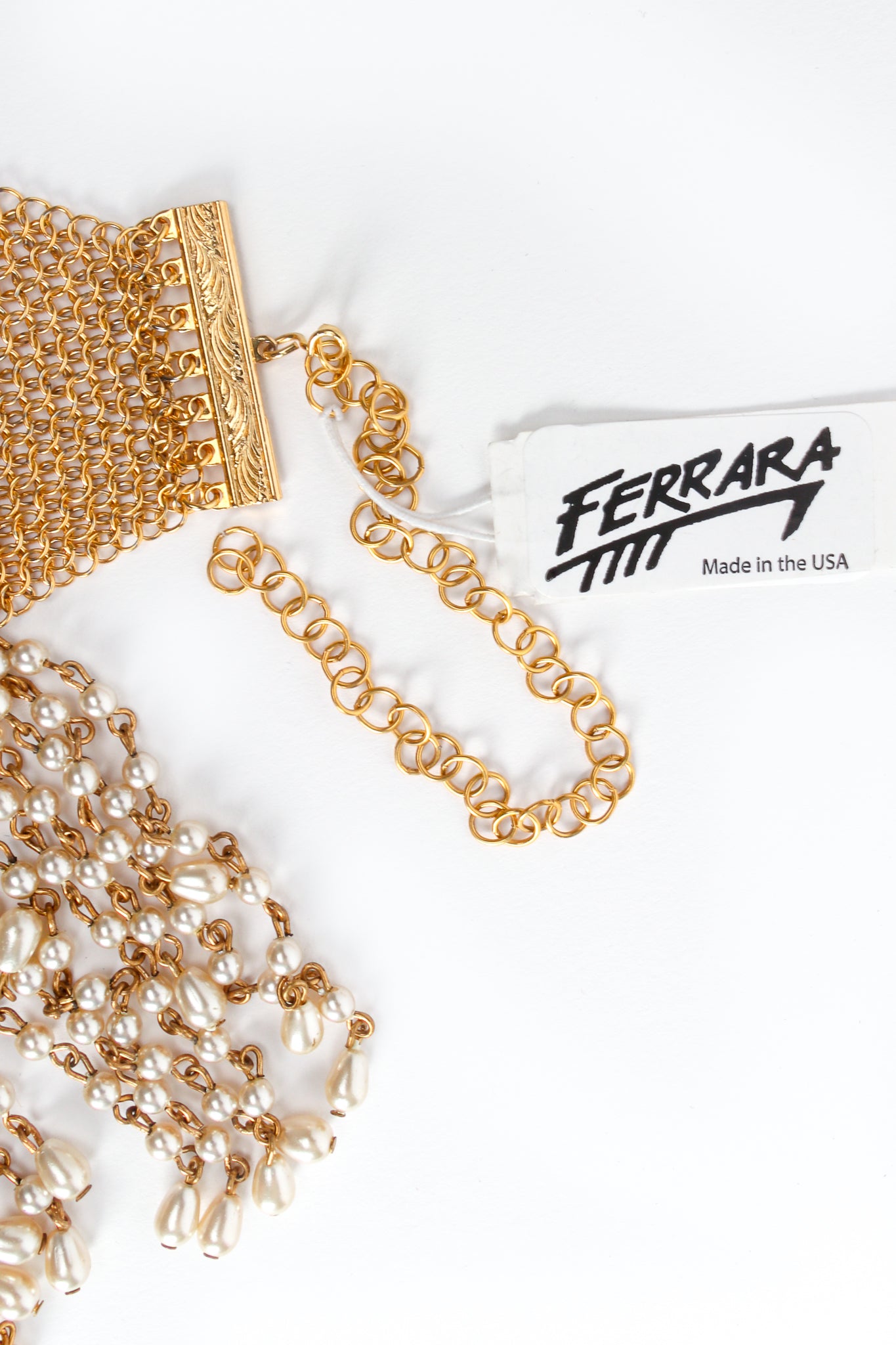 Vintage Anthony Ferrara Plated Ring Mesh Swarovski Pearl Fringe Bib Necklace Hang Tag at Recess LA