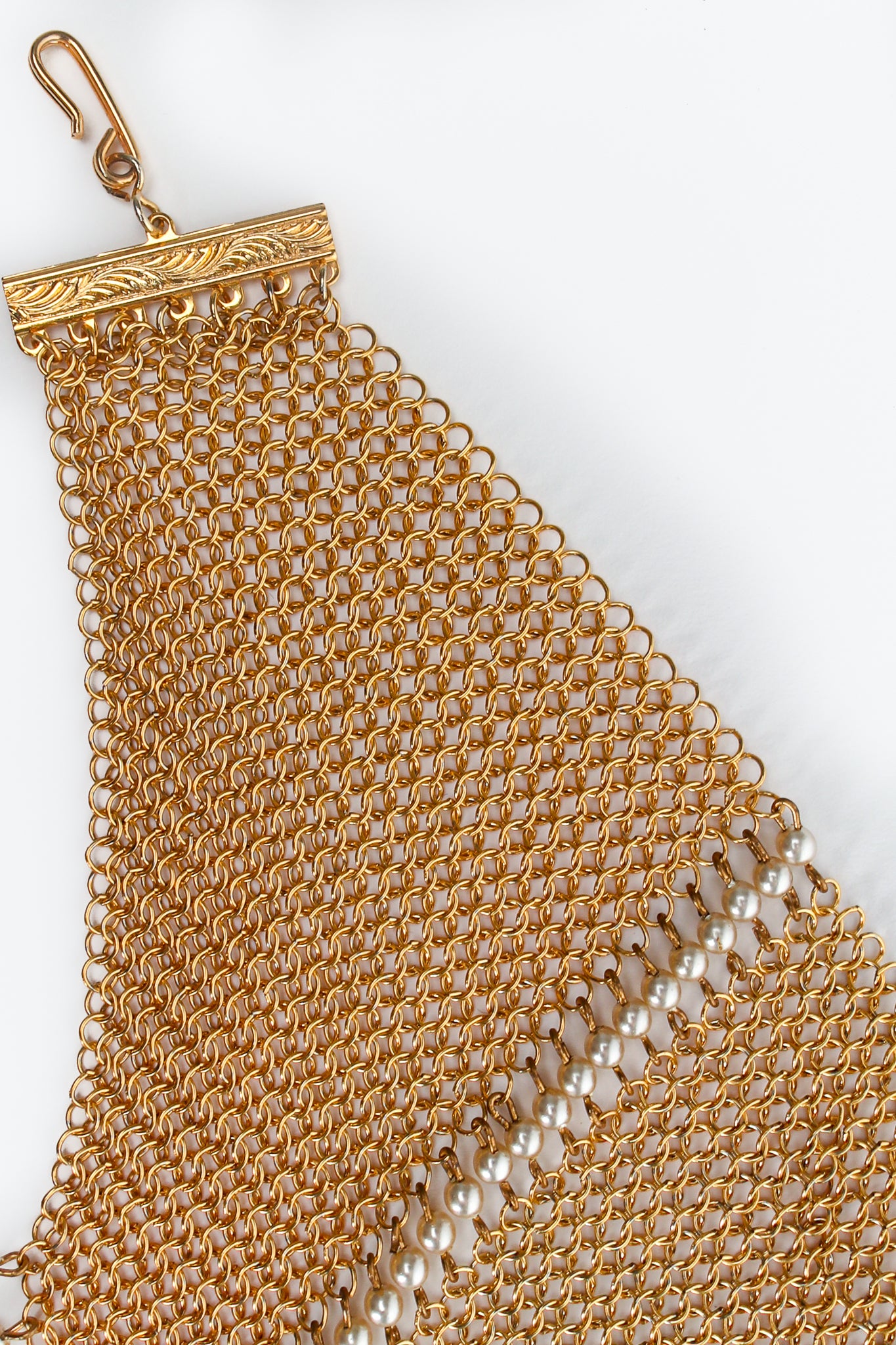 Vintage Anthony Ferrara Plated Ring Mesh Swarovski Pearl Fringe Bib Necklace Hook Detail at Recess