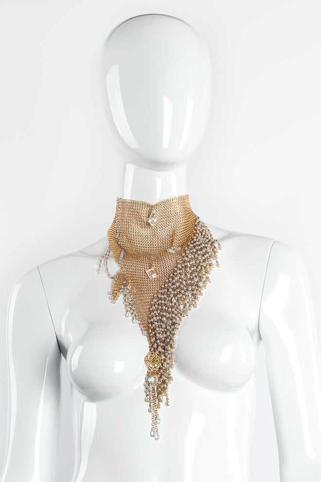 Vintage Anthony Ferrara Plated Ring Mesh Swarovski Pearl Fringe Necklace on Mannequin at Recess LA