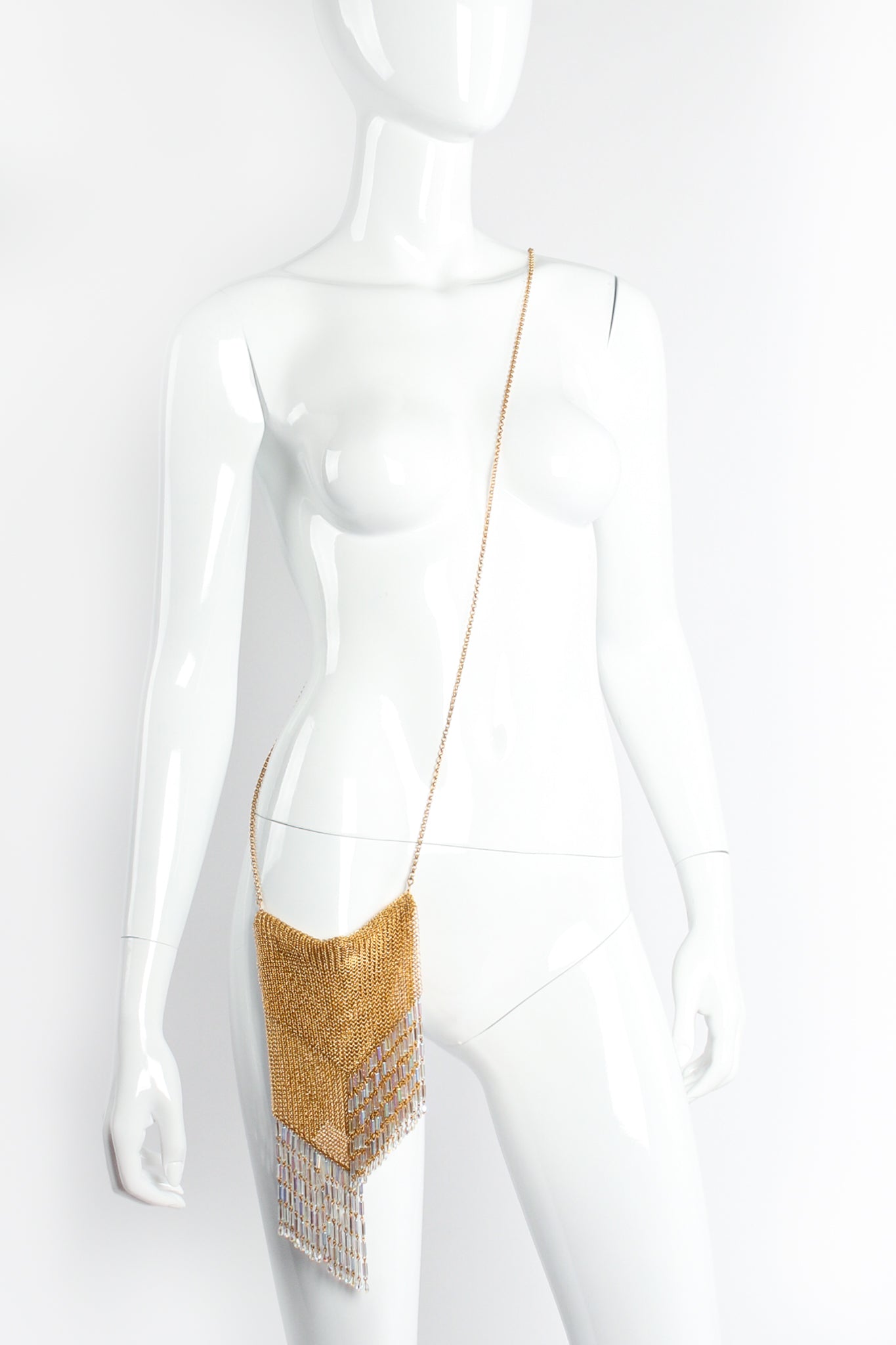 Vintage Anthony Ferrara Gold Plated Mesh Asymmetrical Bead Fringe Bag on Mannequin @ Recess
