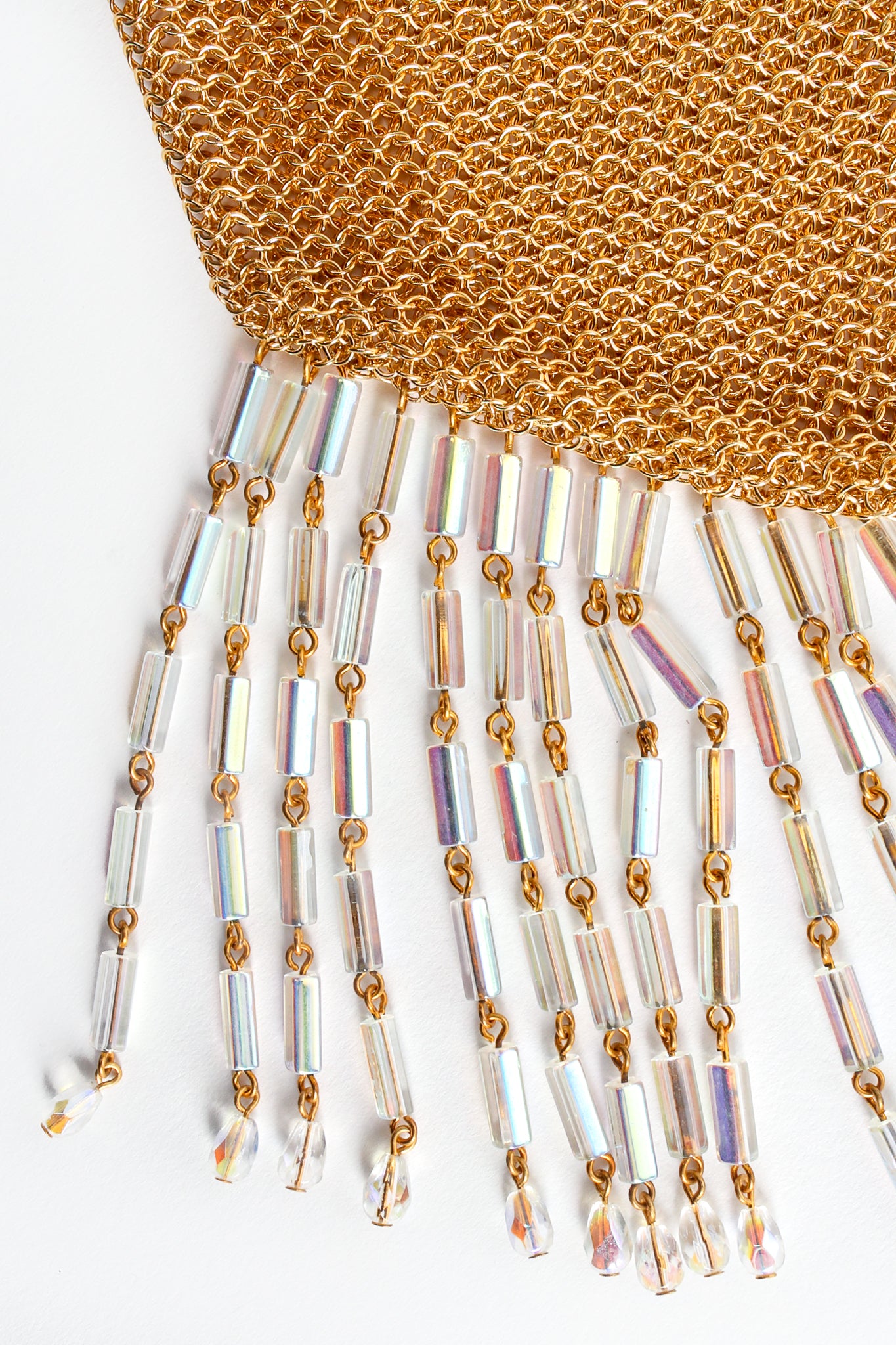Vintage Anthony Ferrara Gold Plated Mesh Asymmetrical Bead Fringe Bag bead detail at Recess Los Angeles