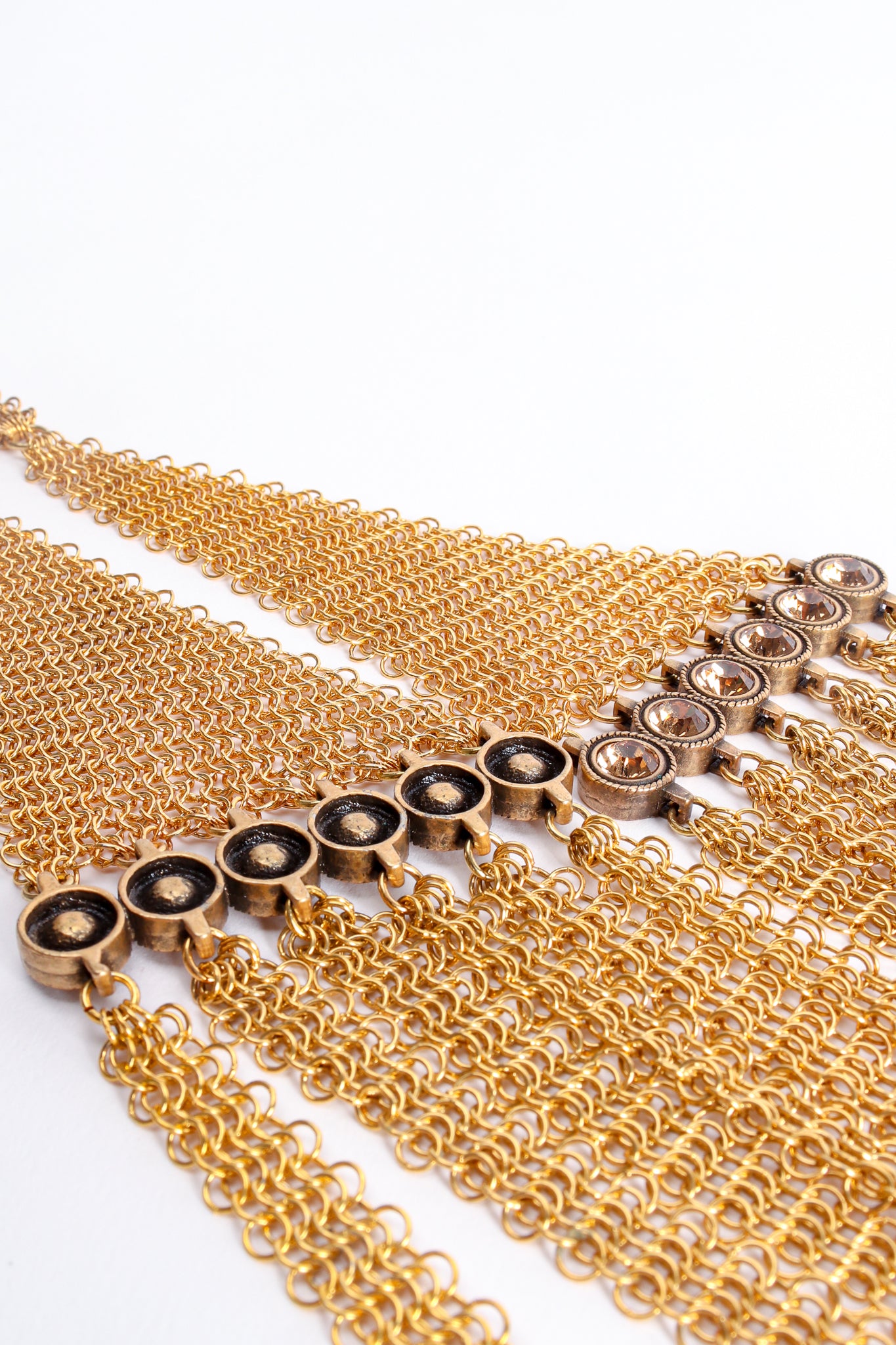 Vintage Anthony Ferrara 6-Strand Long Ring Mesh Necklace crystal detail at Recess Los Angeles