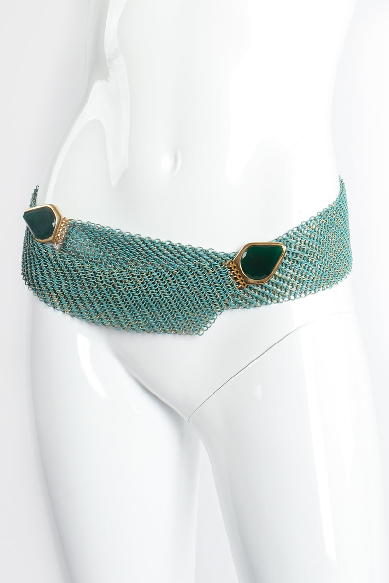 Vintage Anthony Ferrara Aluminum Metal Mesh Crossover Glass Buckle Belt on Mannequin at Recess LA