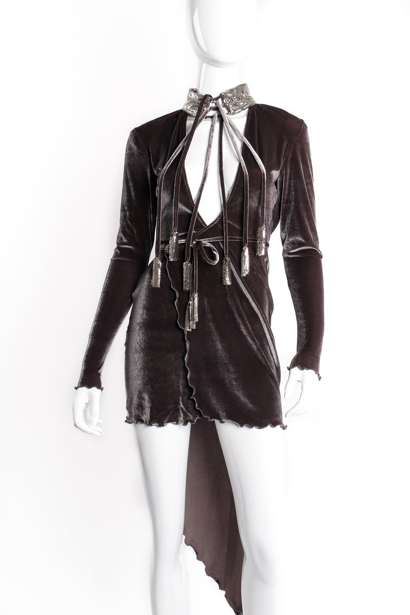 Vintage Anthony Ferrara Asymmetrical Velvet Choker Wrap Dress on mannequin crop at Recess LA