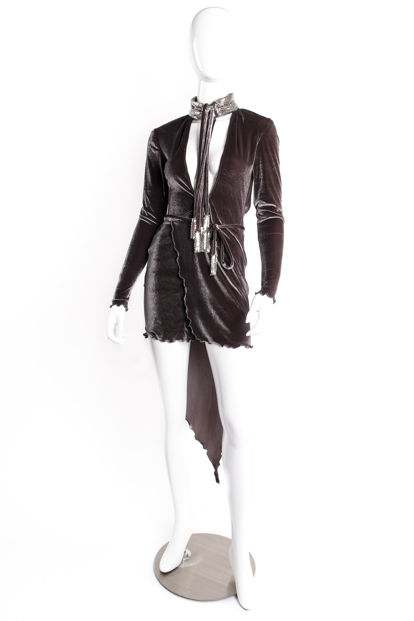 Vintage Anthony Ferrara Asymmetrical Velvet Choker Wrap Dress on mannequin front at Recess LA