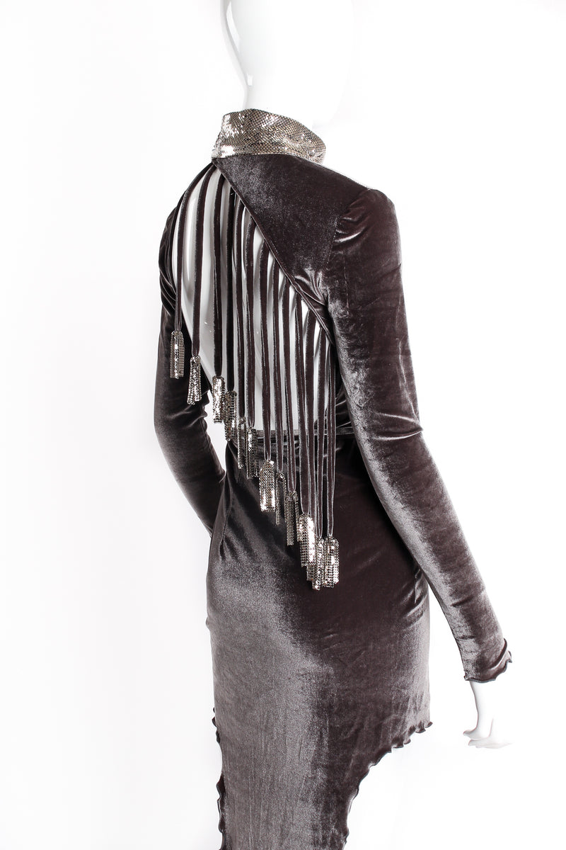 Vintage Anthony Ferrara Asymmetrical Velvet Choker Wrap Dress on mannequin back crop at Recess LA