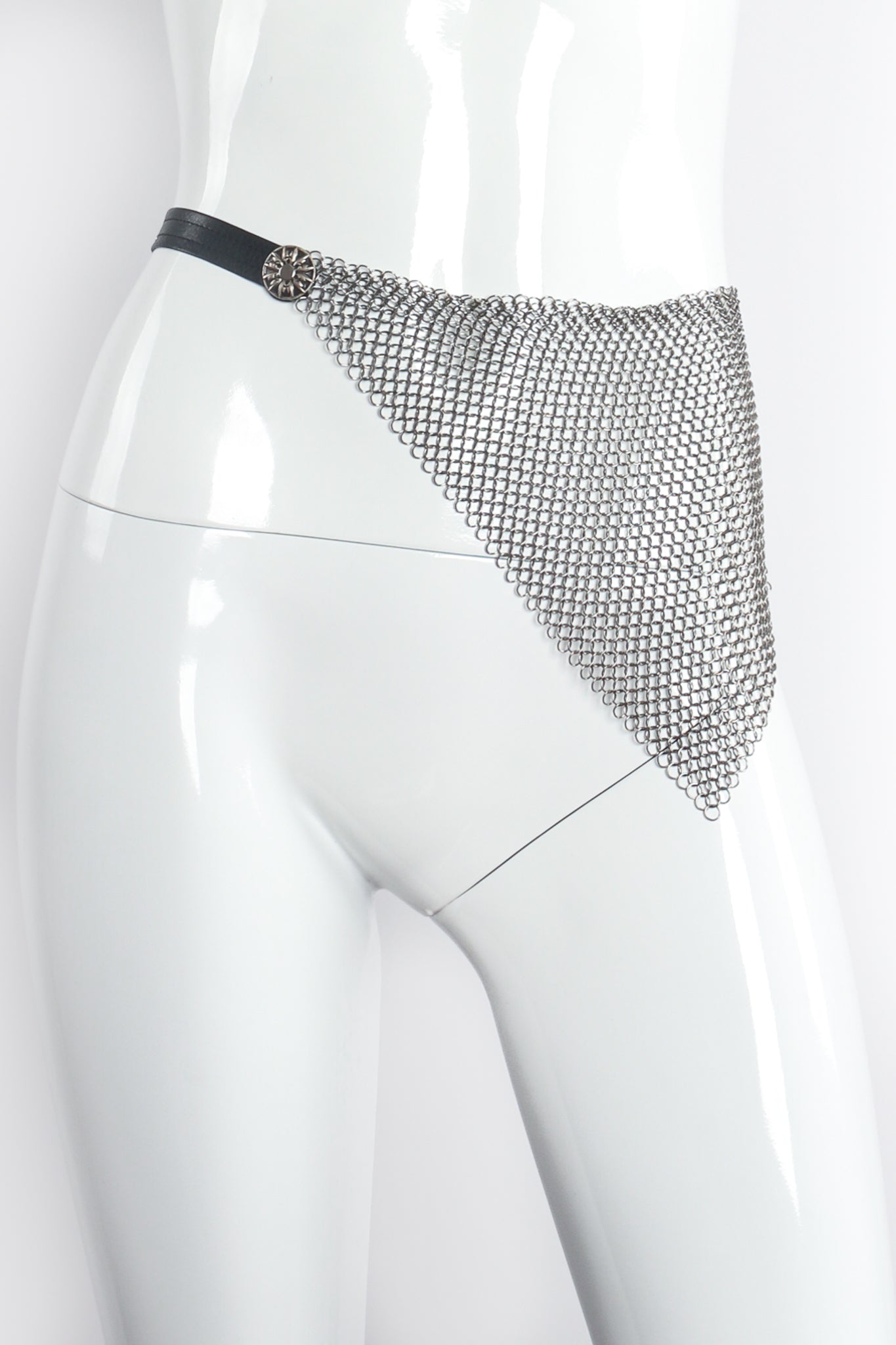 Vintage Anthony Ferrara Pewter Ring Mesh Leather Hip Flap Belt on mannequin front at Recess LA