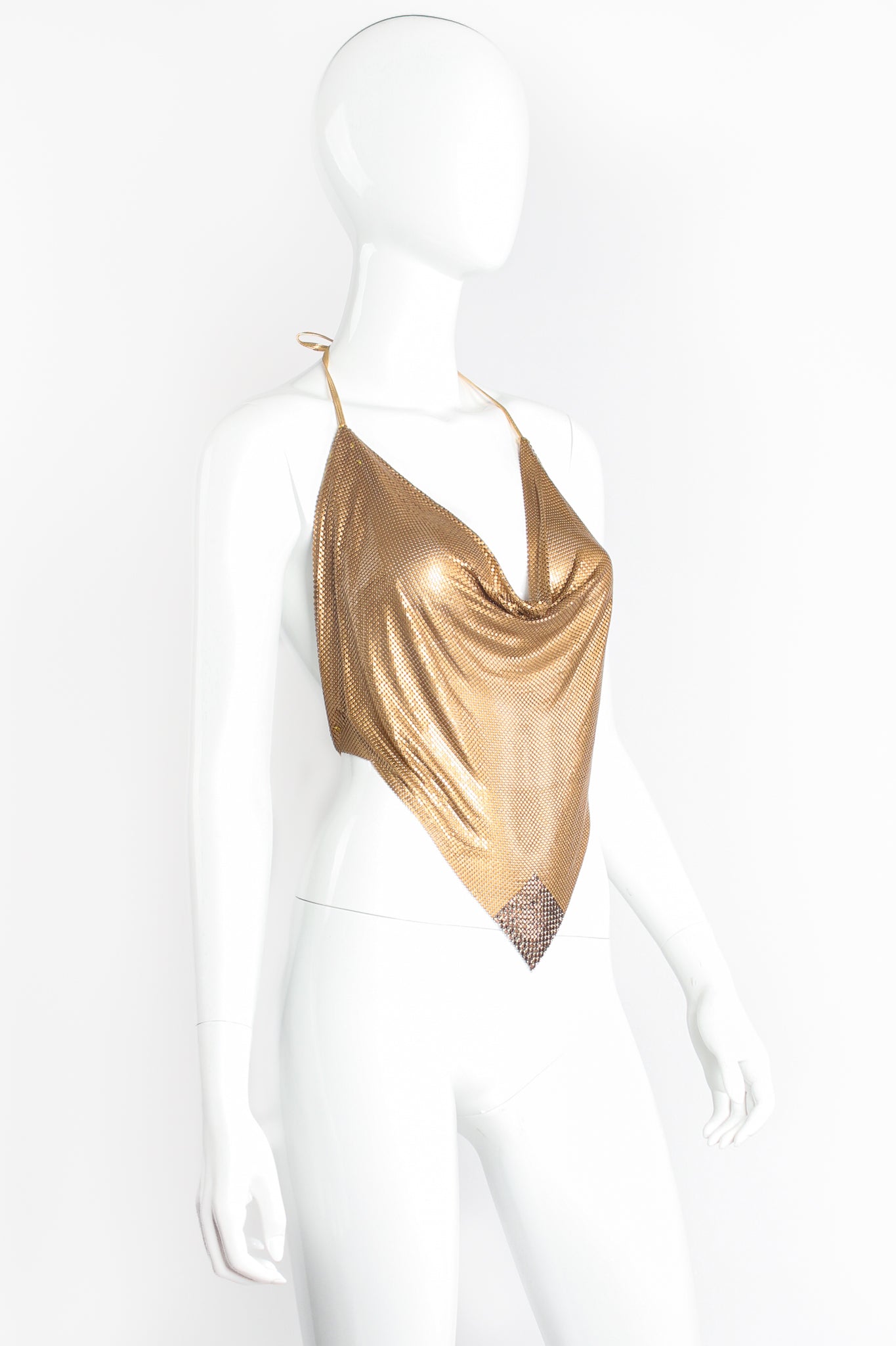 Vintage Anthony Ferrara  Gold Metal Mesh Halter Top on Mannequin Angle at Recess LA