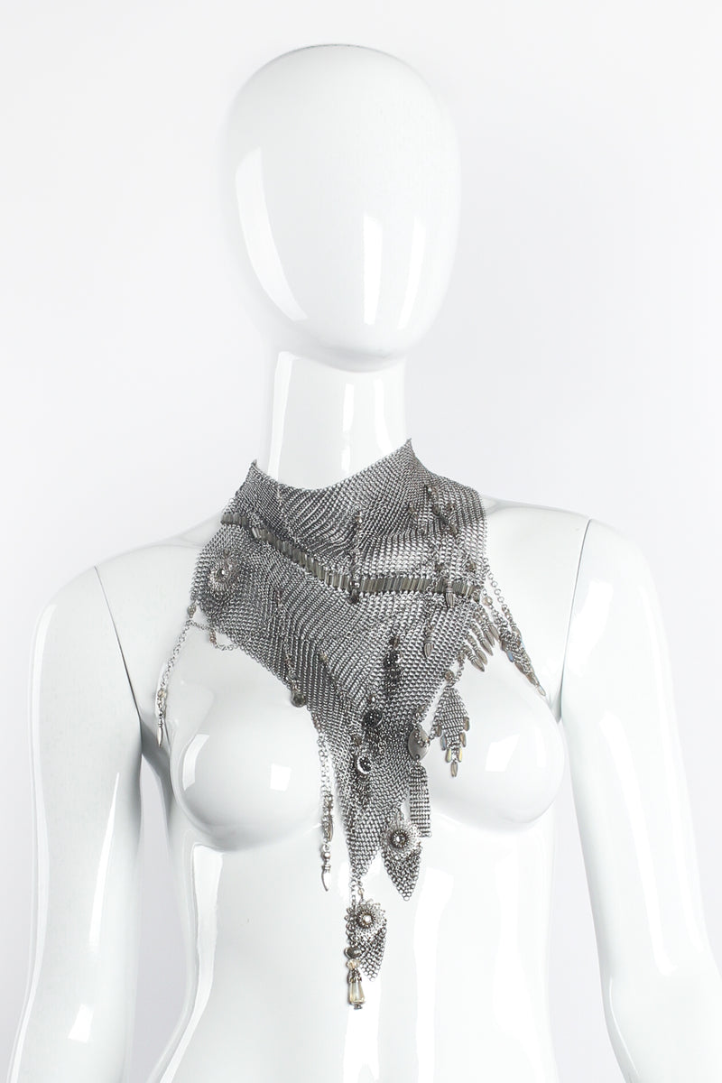 Vintage Anthony Ferrara Pewter Ring Mesh Waterfall Charm Bead Bib Necklace on Mannequin at Recess