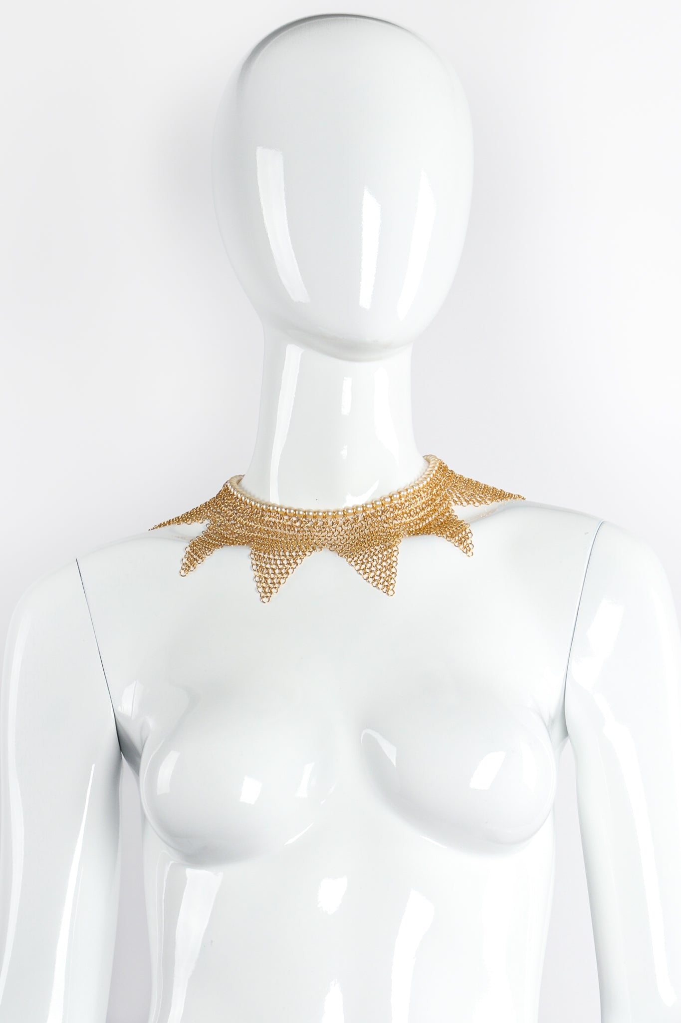 Vintage Anthony Ferrara Plated Ring Mesh Triangle Pearl Trim Collar on Mannequin at Recess LA
