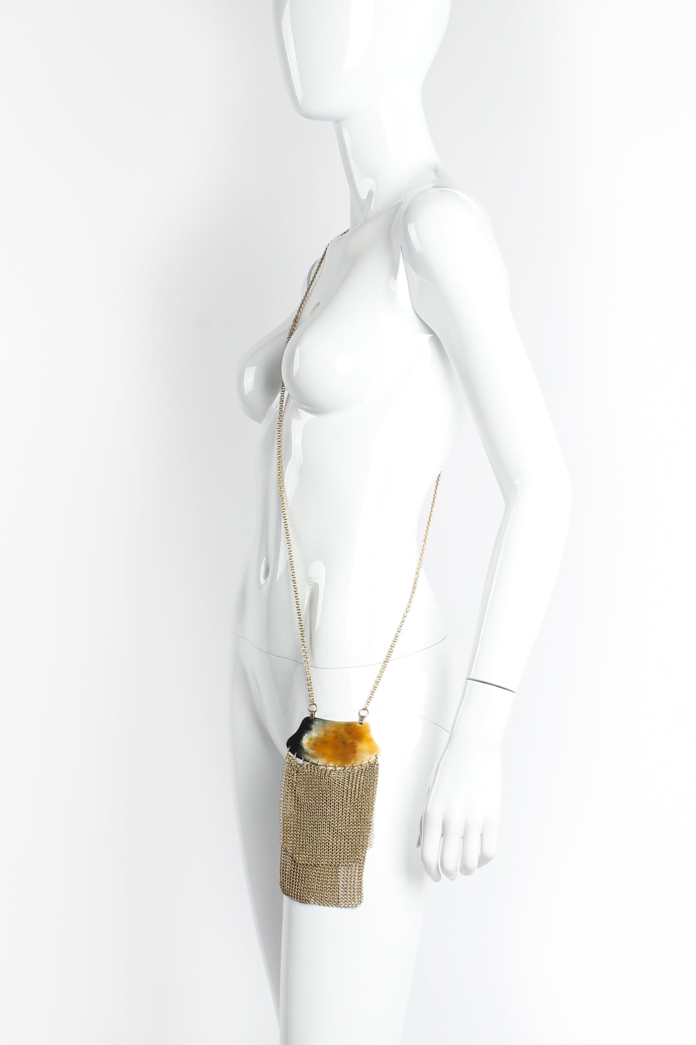 Vintage Anthony Ferrara Horn Plate Antiqued Gold Ring Mesh Micro Bag on mannequin at Recess LA