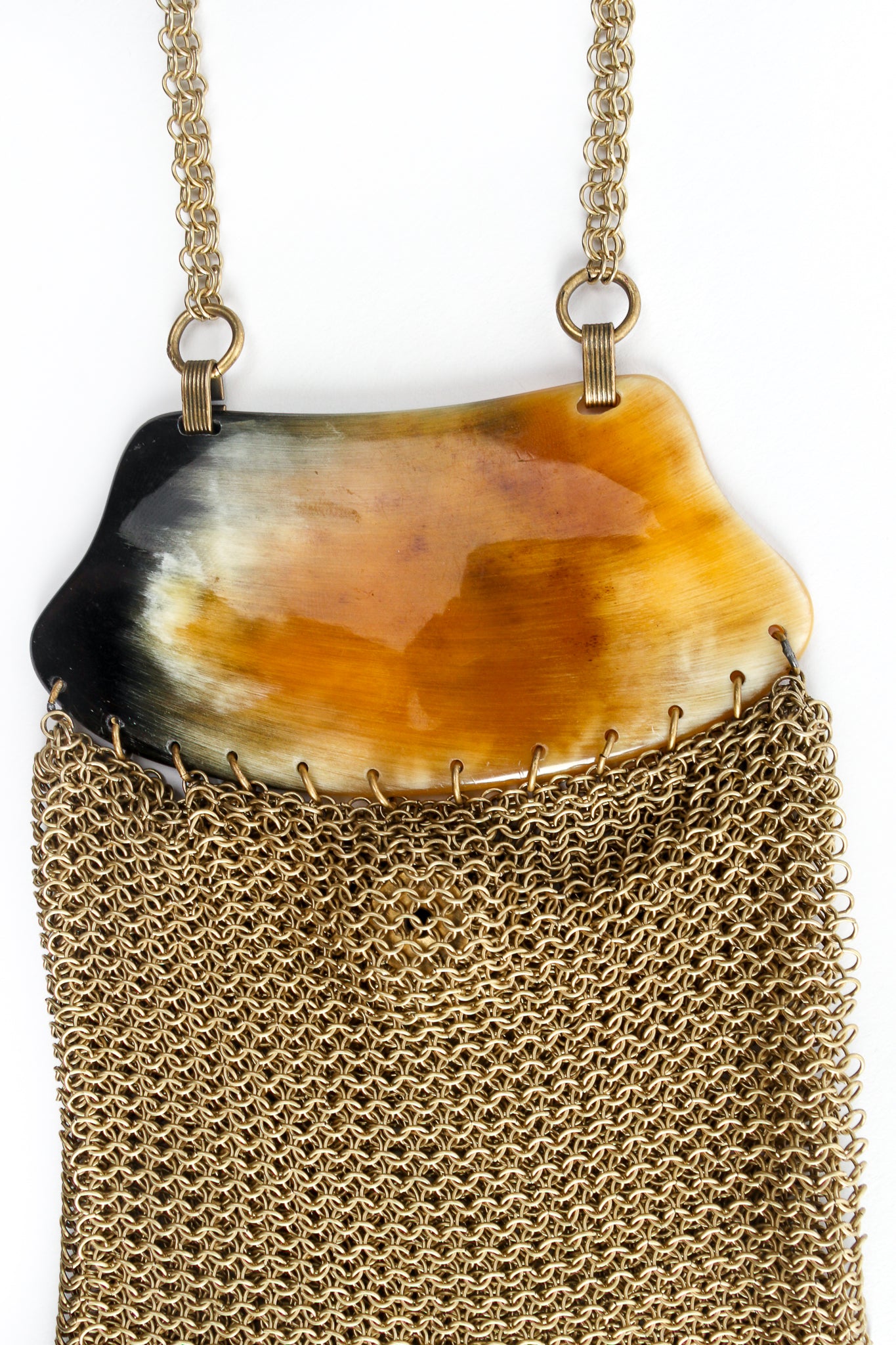 Vintage Anthony Ferrara Horn Plate Antiqued Gold Ring Mesh Micro Bag horn detailo at Recess LA