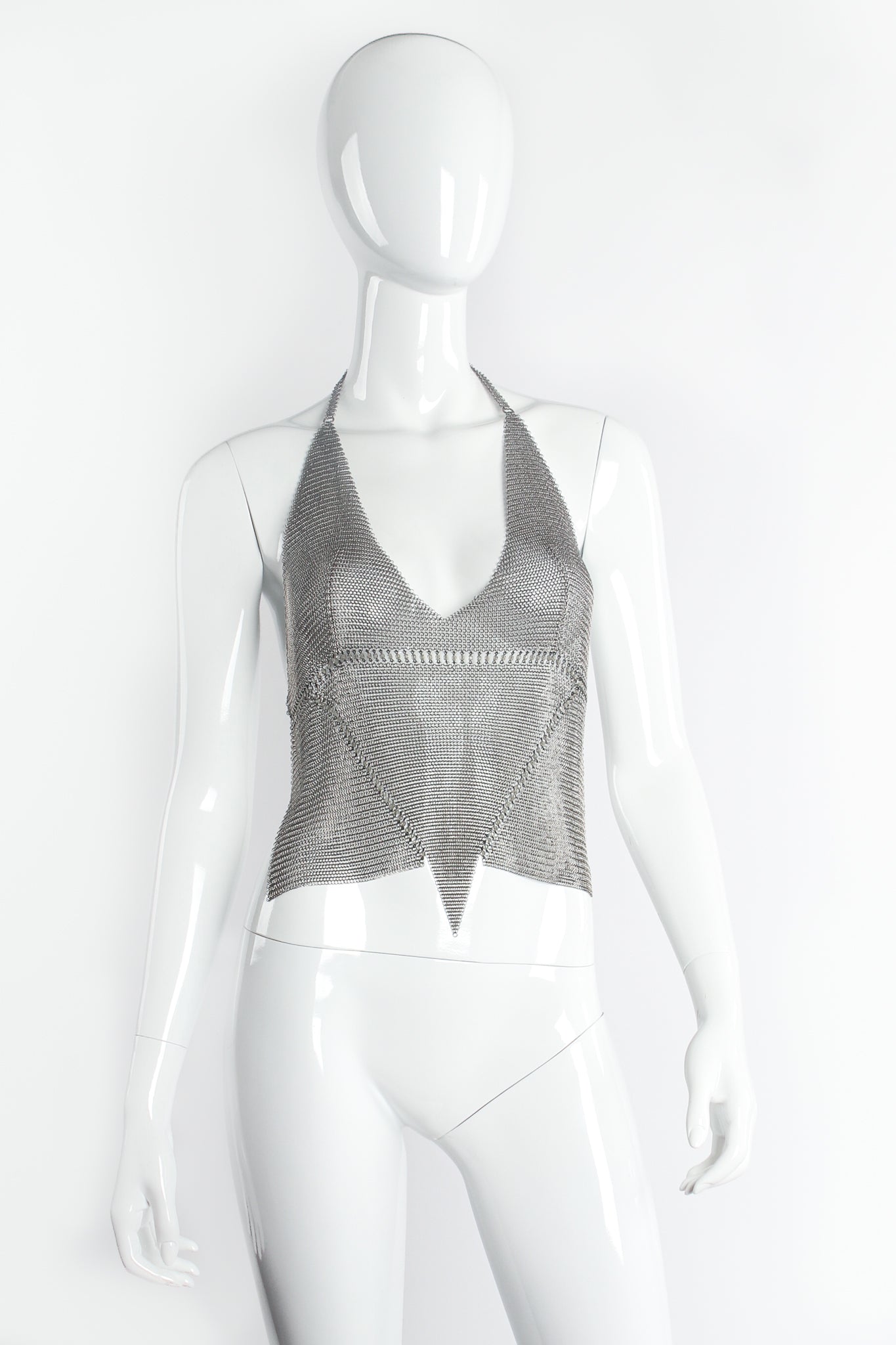 Vintage Anthony Ferrara Pewter Mesh Bead Seam Triangle Halter on mannequin front at Recess LA