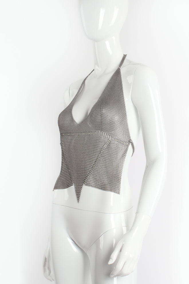Vintage Anthony Ferrara Pewter Mesh Bead Seam Triangle Halter on mannequin angle at Recess LA