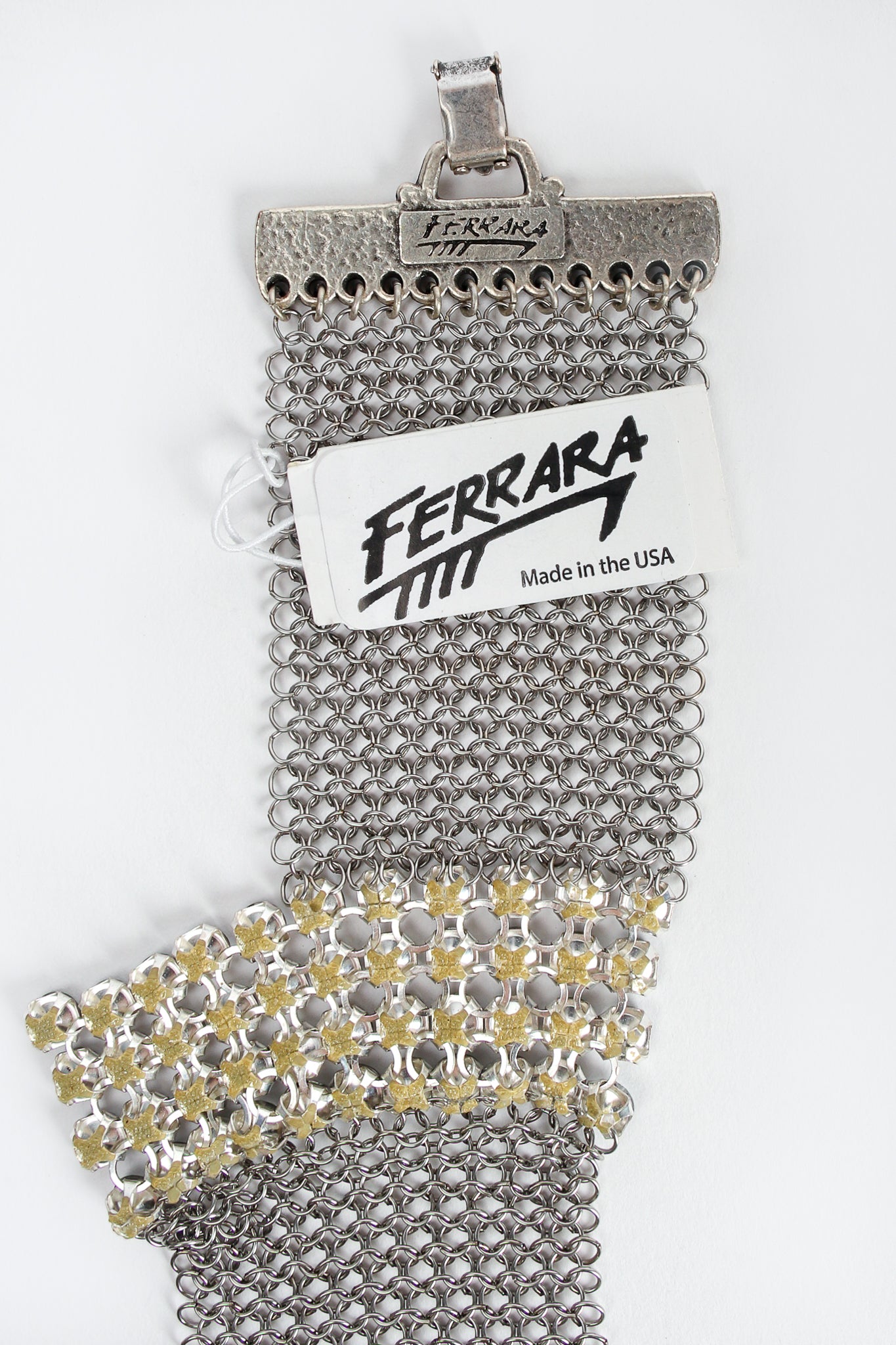 Vintage Anthony Ferrara Pewter Ring Mesh Swarovski Bracelet hangtag at Recess Los Angeles