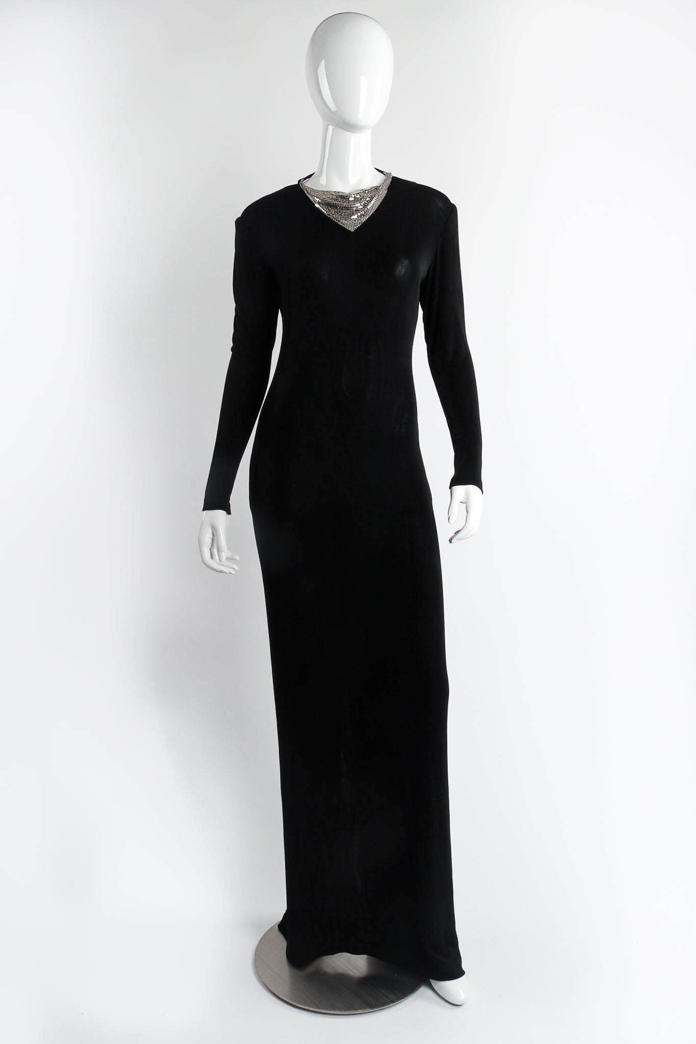 Vintage Anthony Ferrara Metal Mesh Cowl Back Jersey Gown on mannequin front at Recess LA