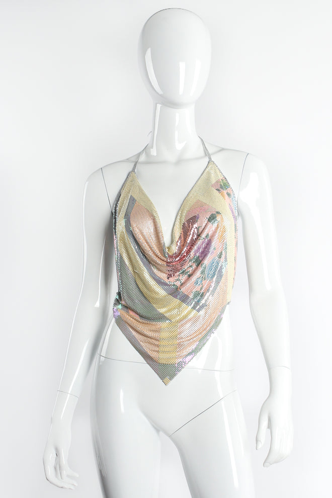 Vintage Anthony Ferrara Iridescent Floral Pointed Metal Mesh Halter on mannequin front at Recess LA