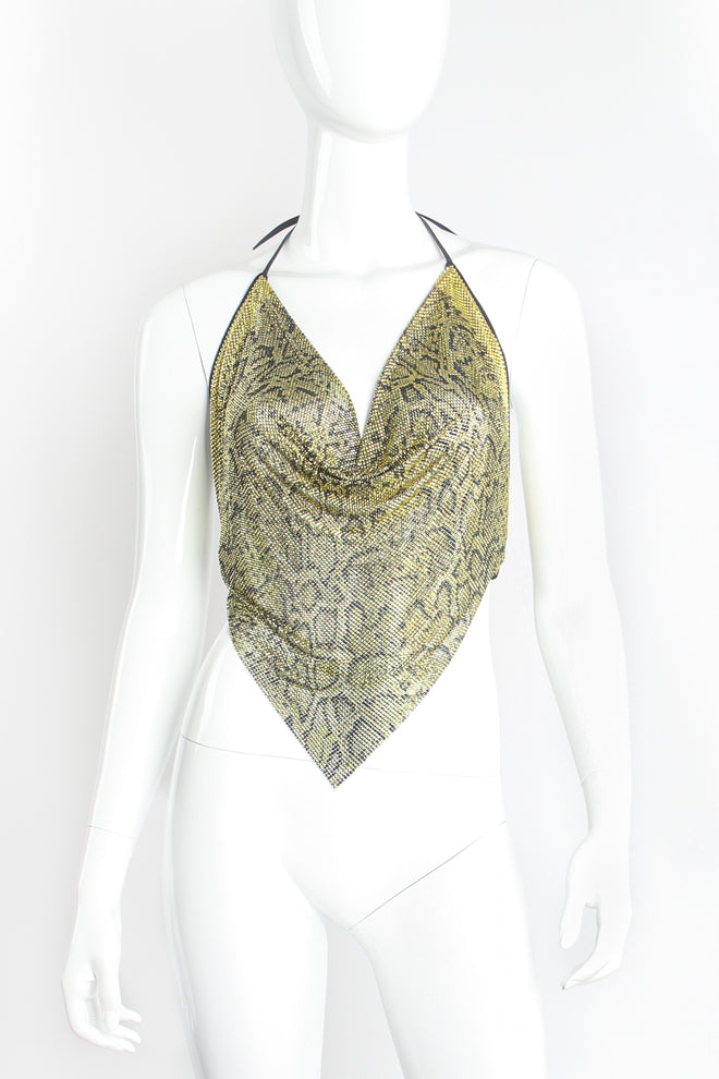 Vintage Anthony Ferrara Snake Print Metal Mesh Halter Top on Mannequin Front at Recess Los Angeles