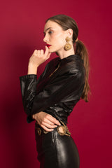 Vintage Gianfranco Ferre Grommet Leather Top & Skirt Set on Model @ Recess LA