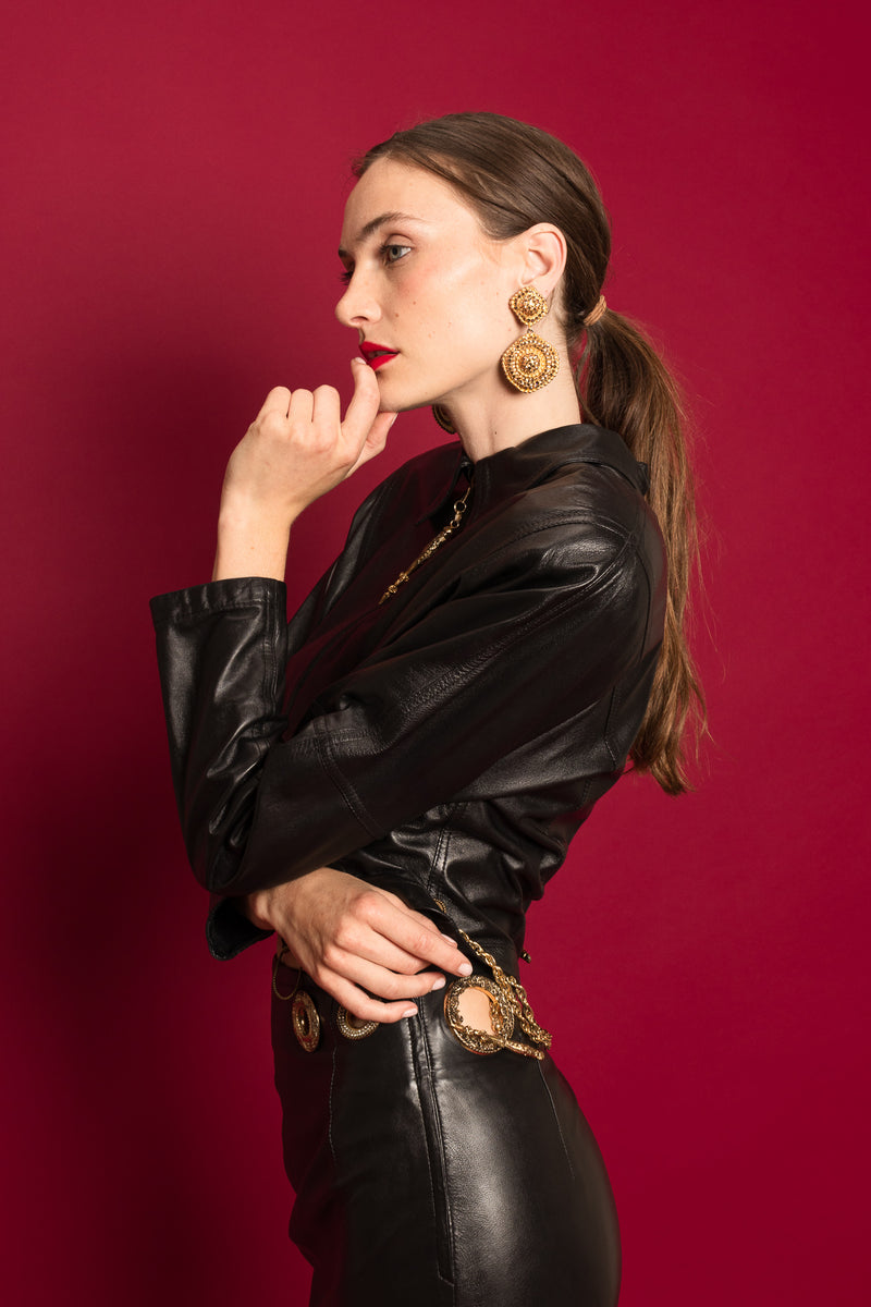 Vintage Gianfranco Ferre Grommet Leather Top & Skirt Set on Model @ Recess LA