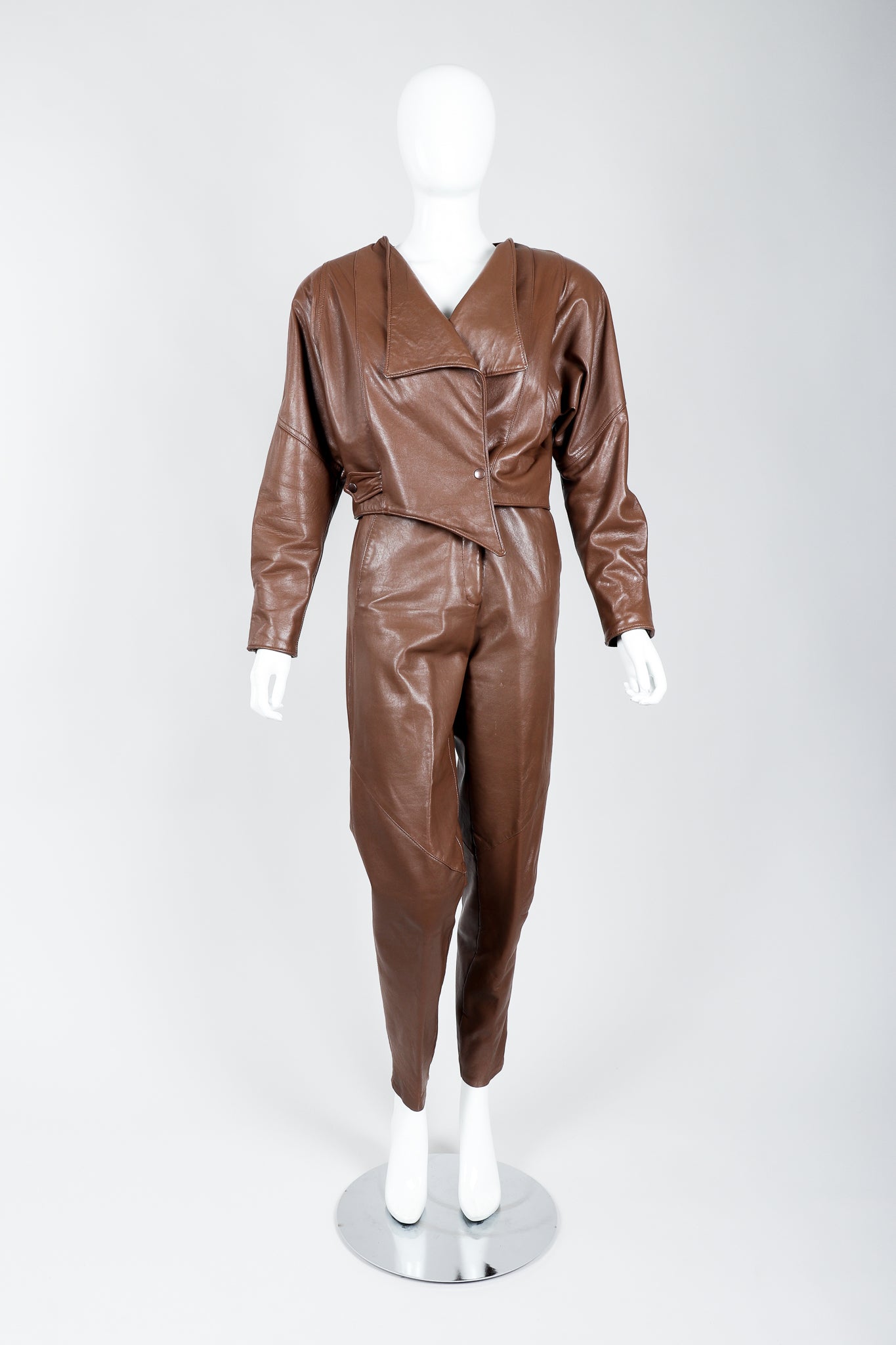 Vintage Firenze Santa Barbara Leather Utility Jacket & Pant Set on Mannequin front at Recess