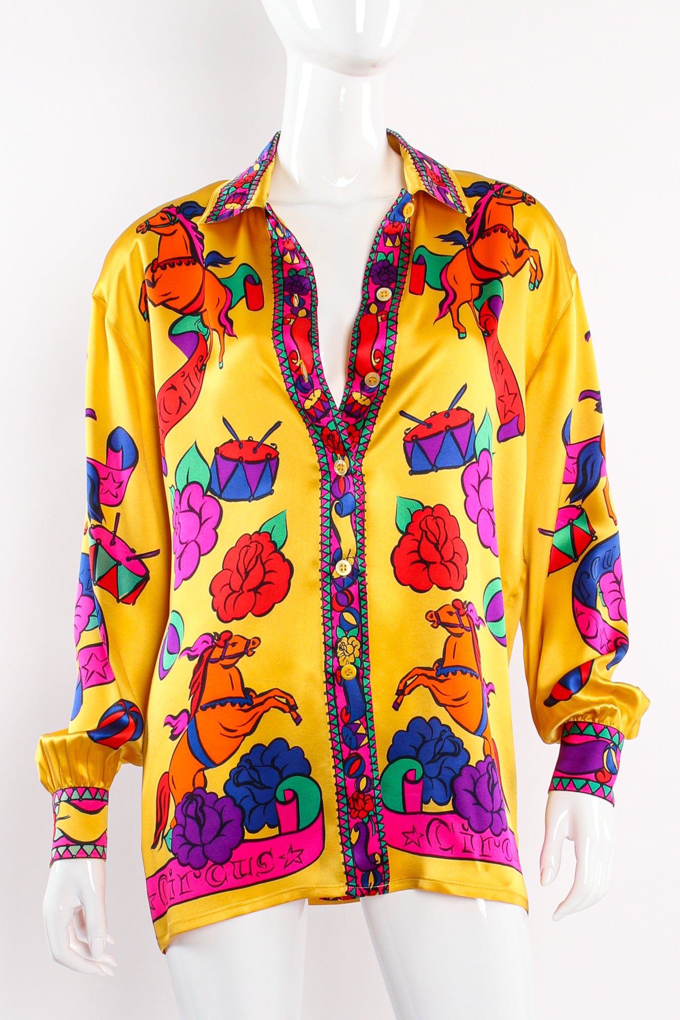 Vintage Escada Circus Print Silk Shirt Hermes Inspired on Mannequin open at Recess LA