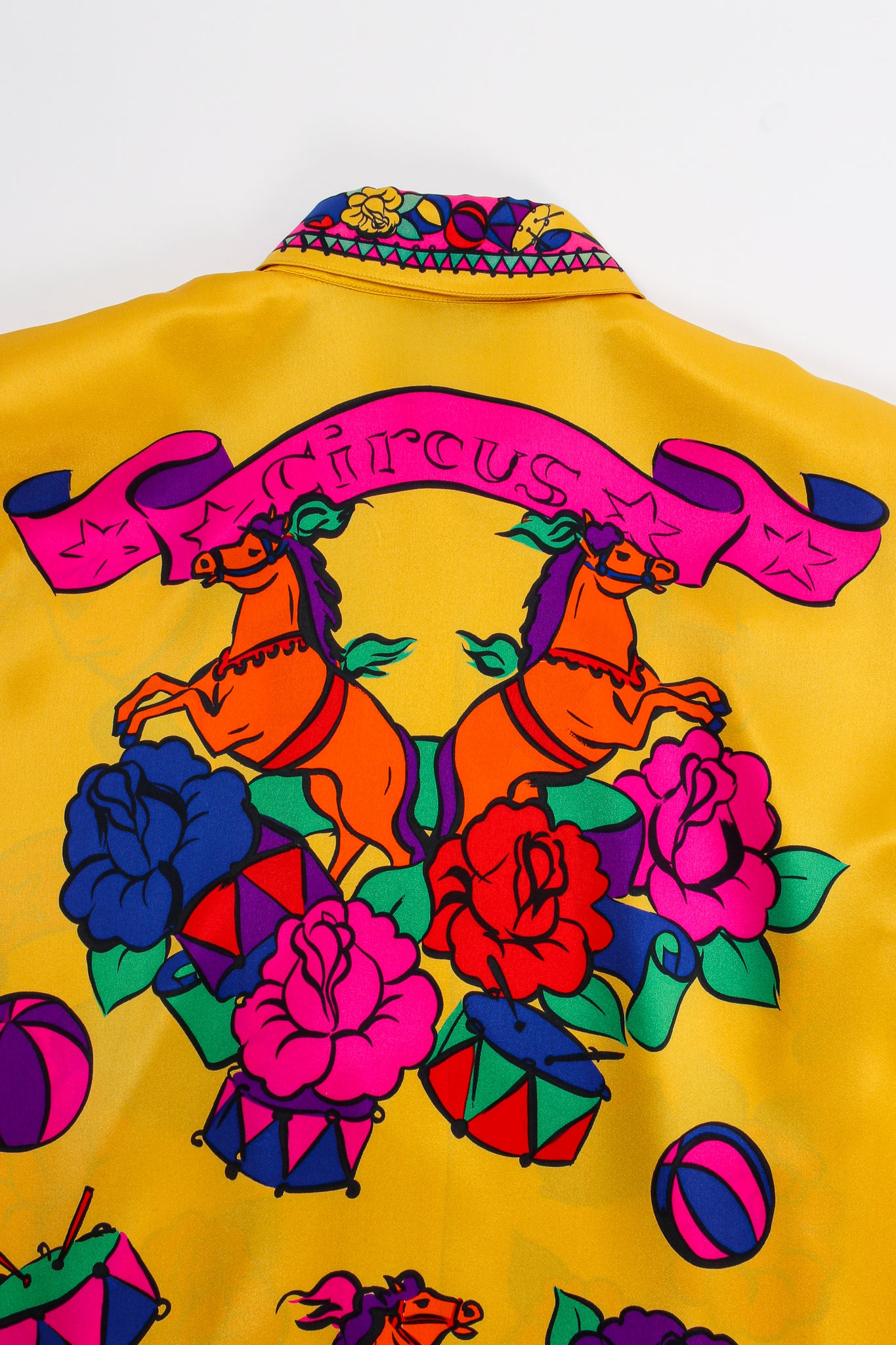 Vintage Escada Circus Print Silk Shirt Hermes Inspired back print detail at Recess LA