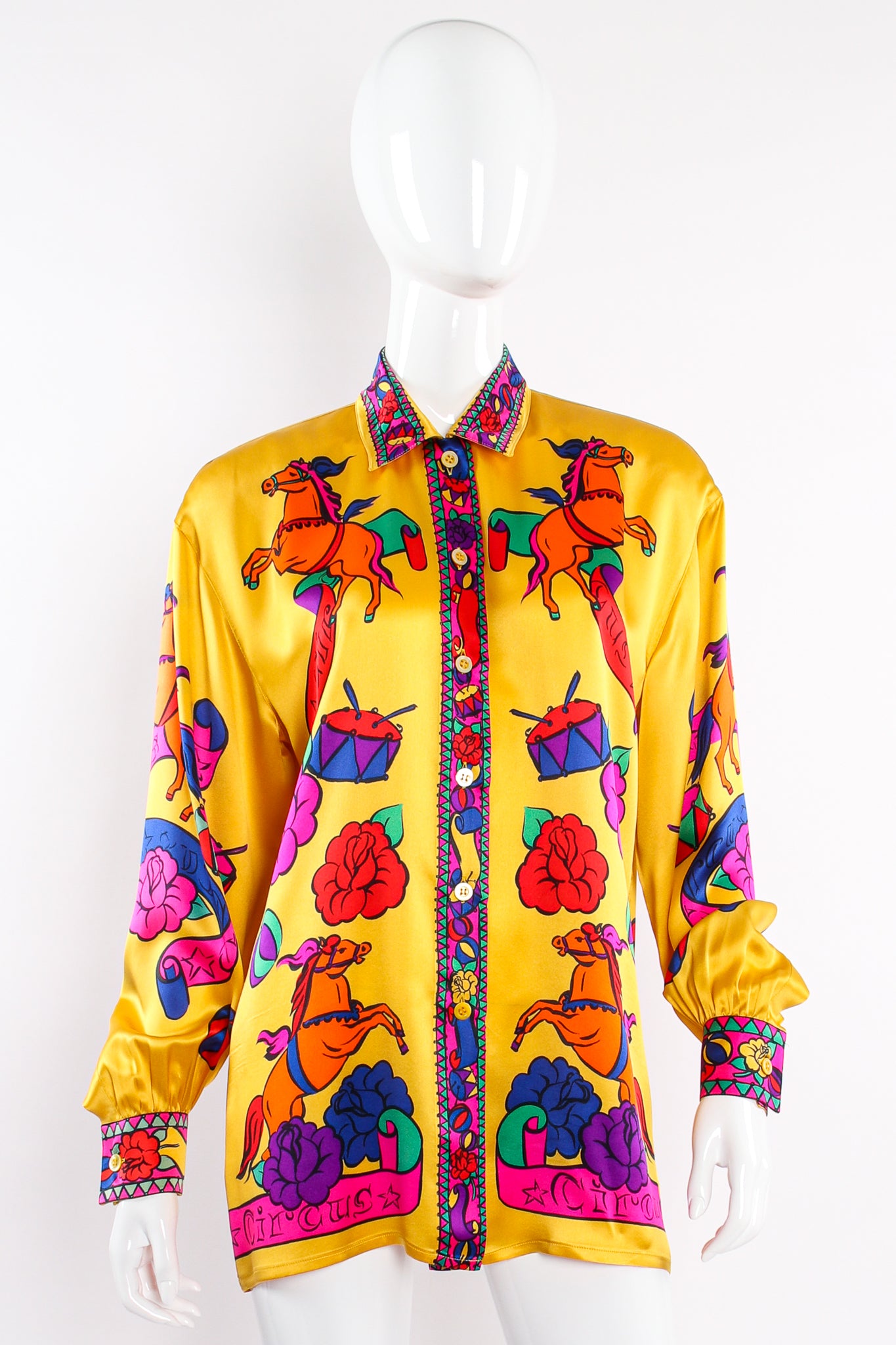 Vintage Escada Circus Print Silk Shirt Hermes Inspired on Mannequin front at Recess Los Angeles
