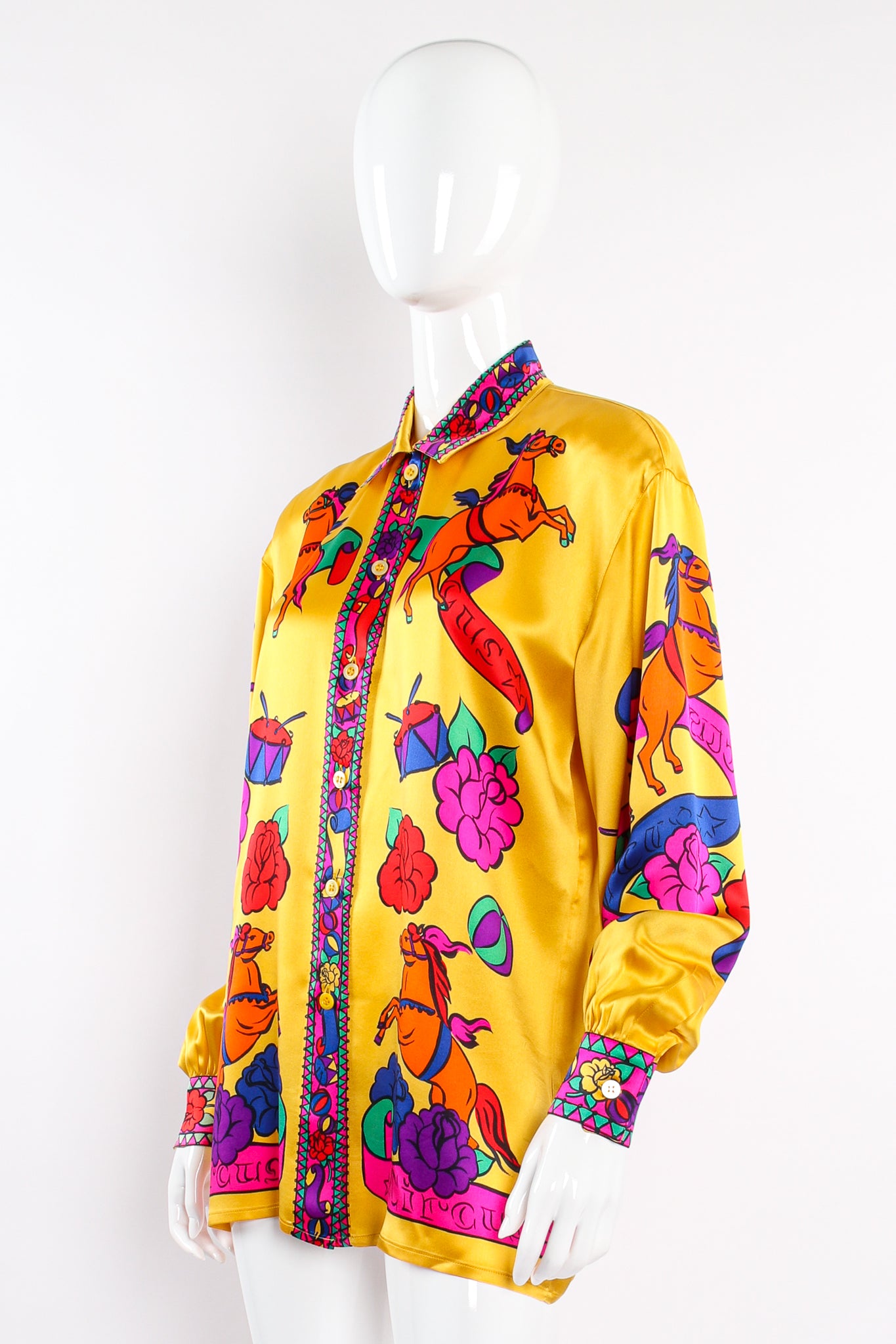 Vintage Escada Circus Print Silk Shirt Hermes Inspired on Mannequin angle at Recess Los Angeles