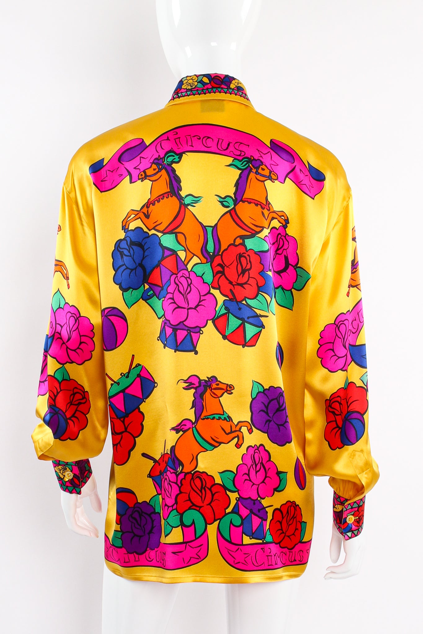 Vintage Escada Circus Print Silk Shirt Hermes Inspired on Mannequin back at Recess Los Angeles