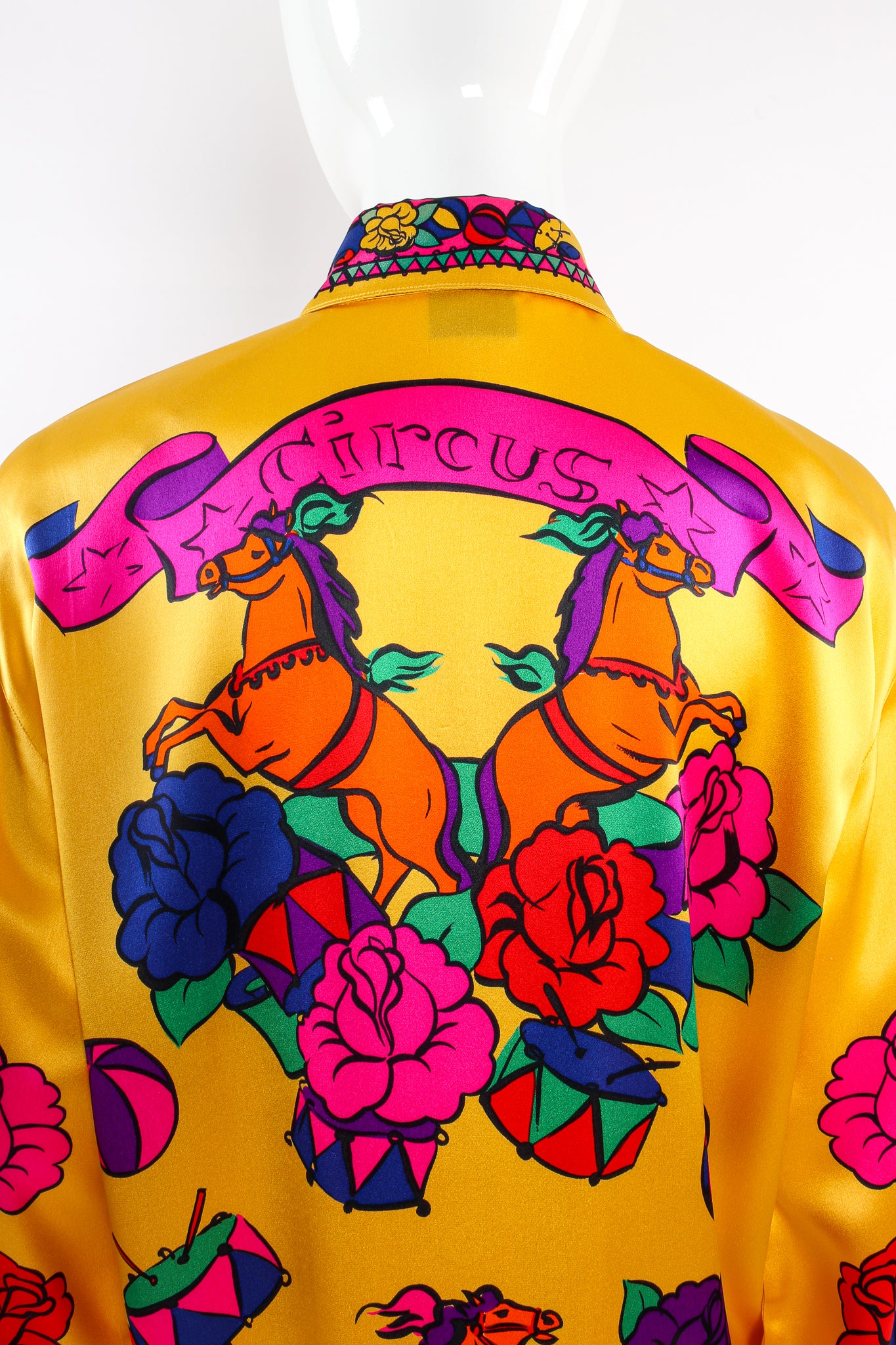 Vintage Escada Circus Print Silk Shirt Hermes Inspired on Mannequin back crop at Recess LA