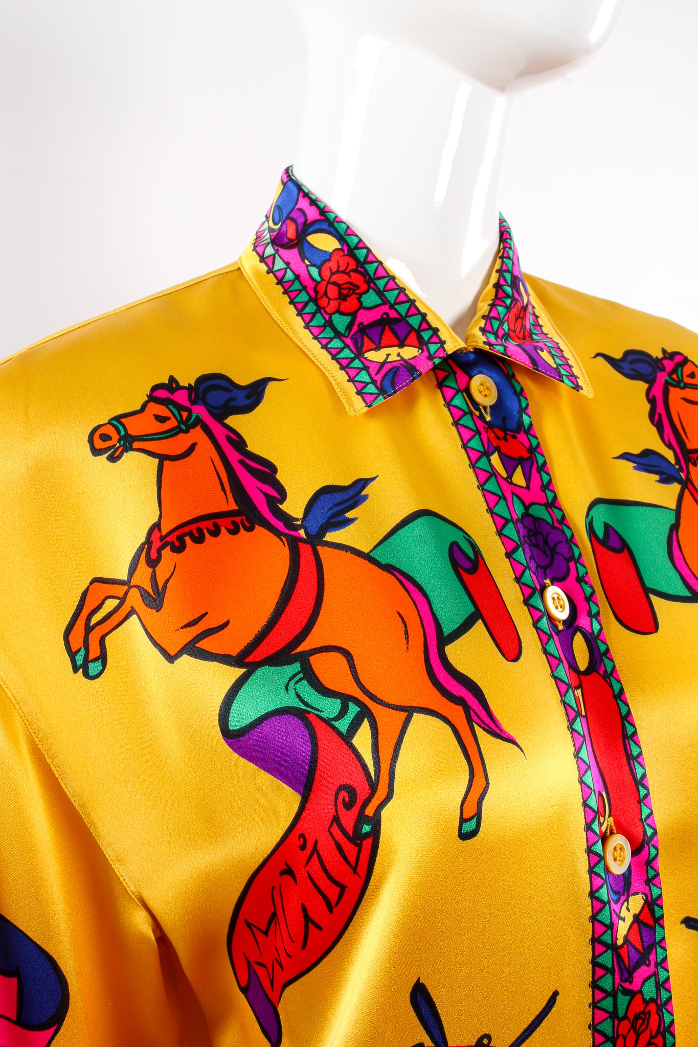 Vintage Escada Circus Print Silk Shirt Hermes Inspired on Mannequin bust at Recess LA