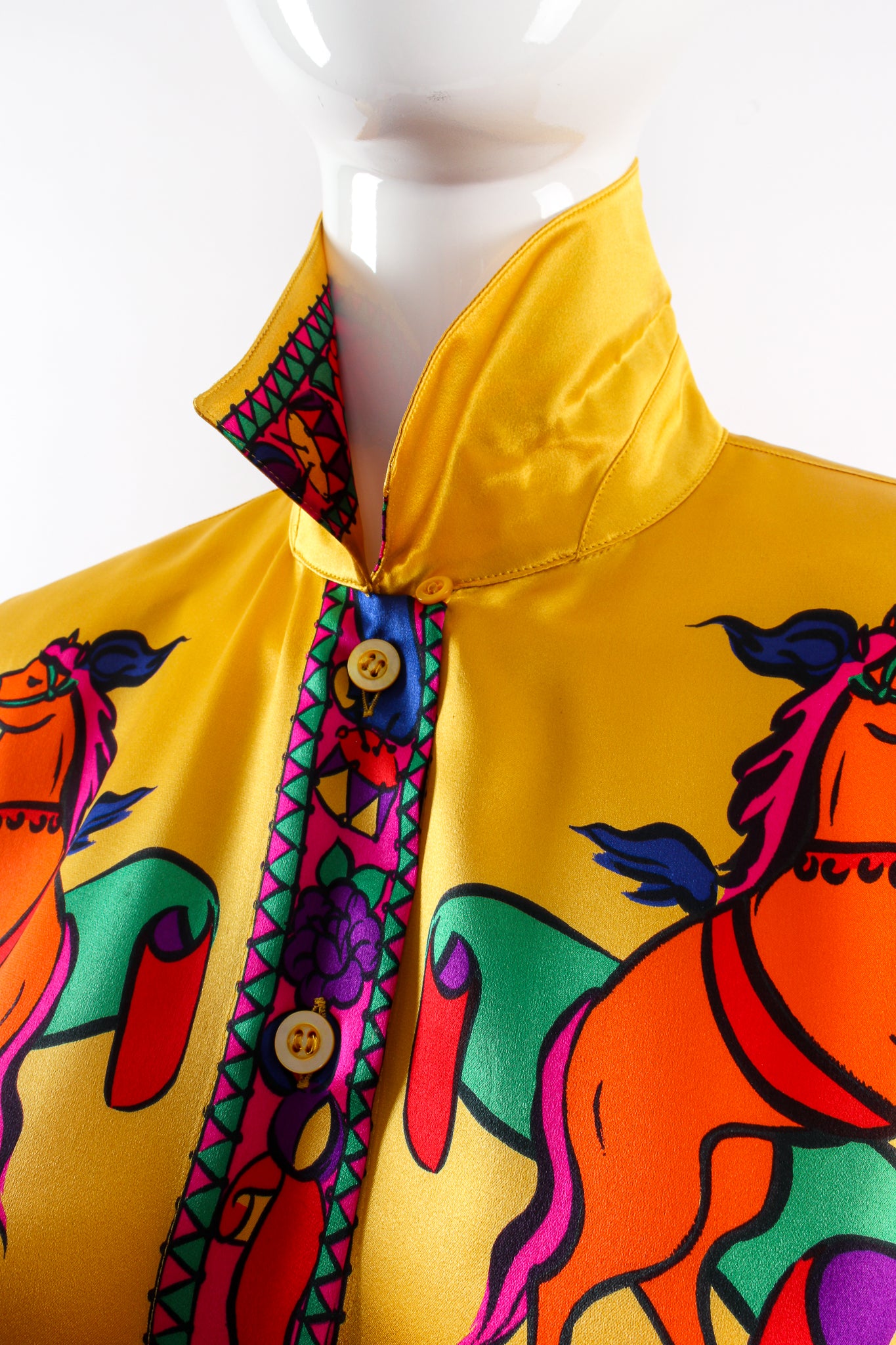 Vintage Escada Circus Print Silk Shirt Hermes Inspired on Mannequin collar at Recess LA