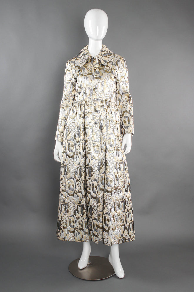 Vintage Frances Heffernan Metallic Abstract Quilted Overcoat on mannequin front at Recess Los Angeles