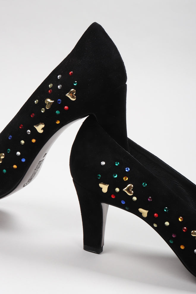Recess Los Angeles Vintage Franco Celin Rainbow Crystal Heart Studded Heels