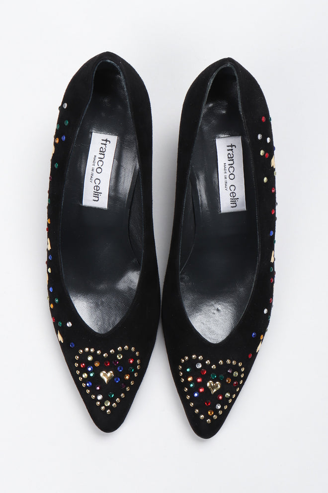 Recess Los Angeles Vintage Franco Celin Rainbow Crystal Heart Studded Heels
