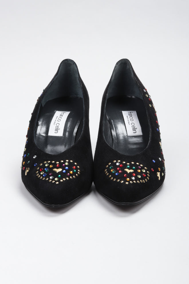 Recess Los Angeles Vintage Franco Celin Rainbow Crystal Heart Studded Heels