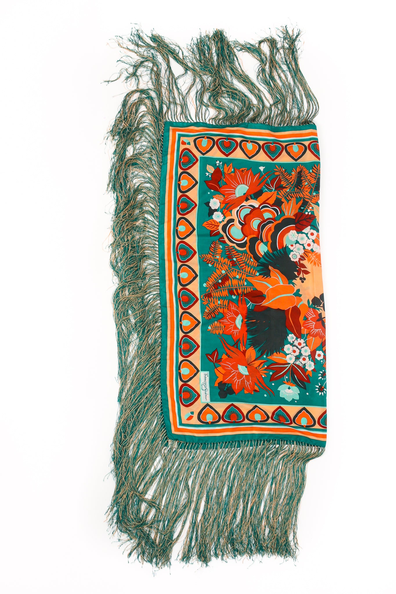 Vintage Francois Guerin Tropical Floral Print Silk Fringe Scarf Shawl Flat Front at Recess LA