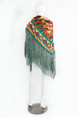 Vintage Francois Guerin Tropical Floral Print Silk Fringe Scarf Shawl on Mannequin Back at Recess