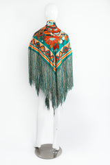 Vintage Francois Guerin Tropical Floral Print Silk Fringe Scarf Shawl on Mannequin Back at Recess