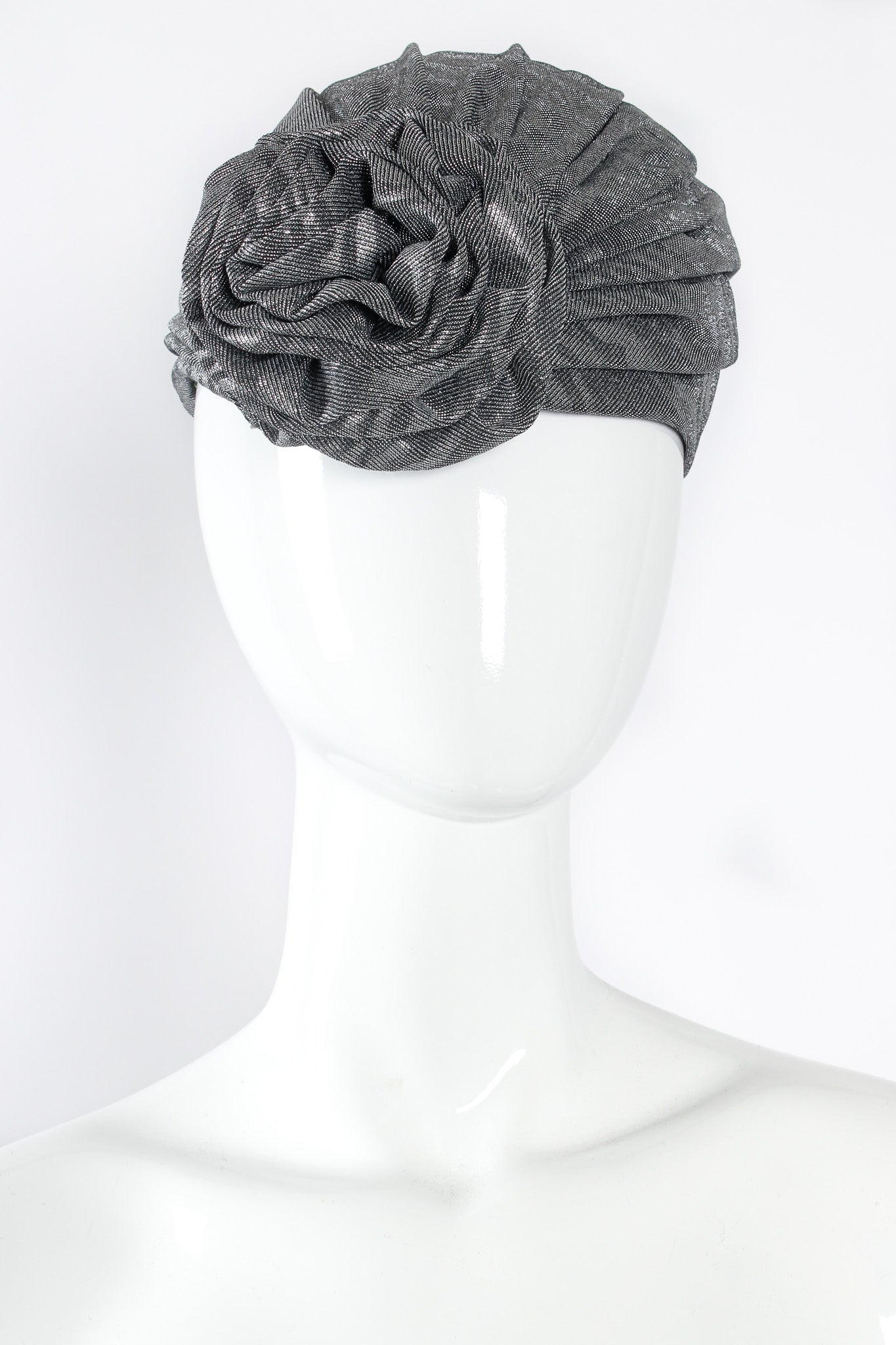 Vintage Frank Olive for Saks Metallic Moiré Flower Turban Hat mannequin front @ Recess LA