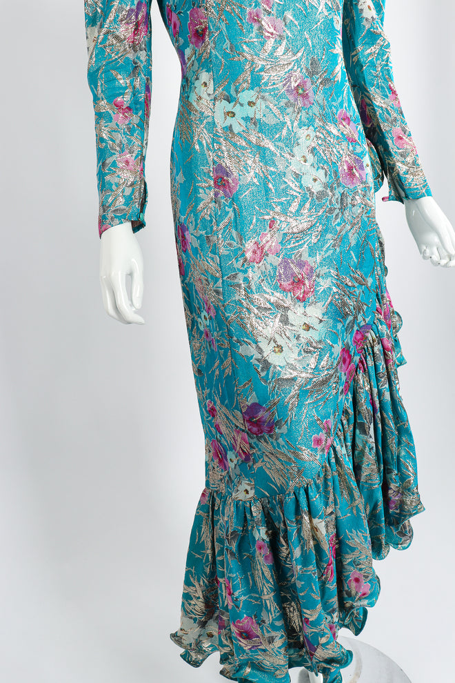 Vintage Frank Usher Asymmetrical Ruffle Hem Lamé Brocade Dress on Mannequin crop at Recess LA