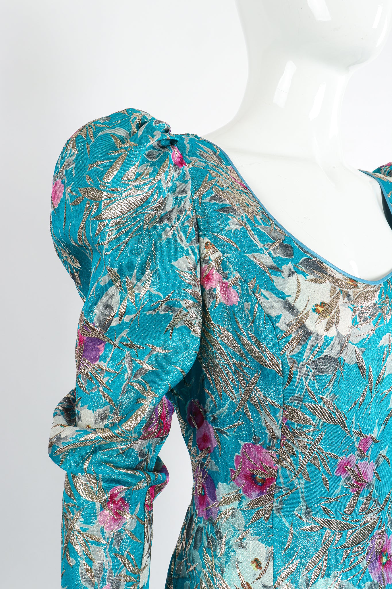 Vintage Frank Usher Asymmetrical Ruffle Hem Lamé Brocade Dress on Mannequin sleeve puff at Recess