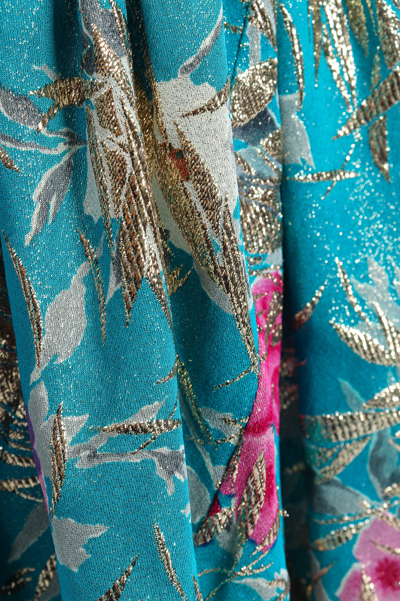 Vintage Frank Usher Asymmetrical Ruffle Hem Lamé Brocade Dress fabric detail at Recess LA