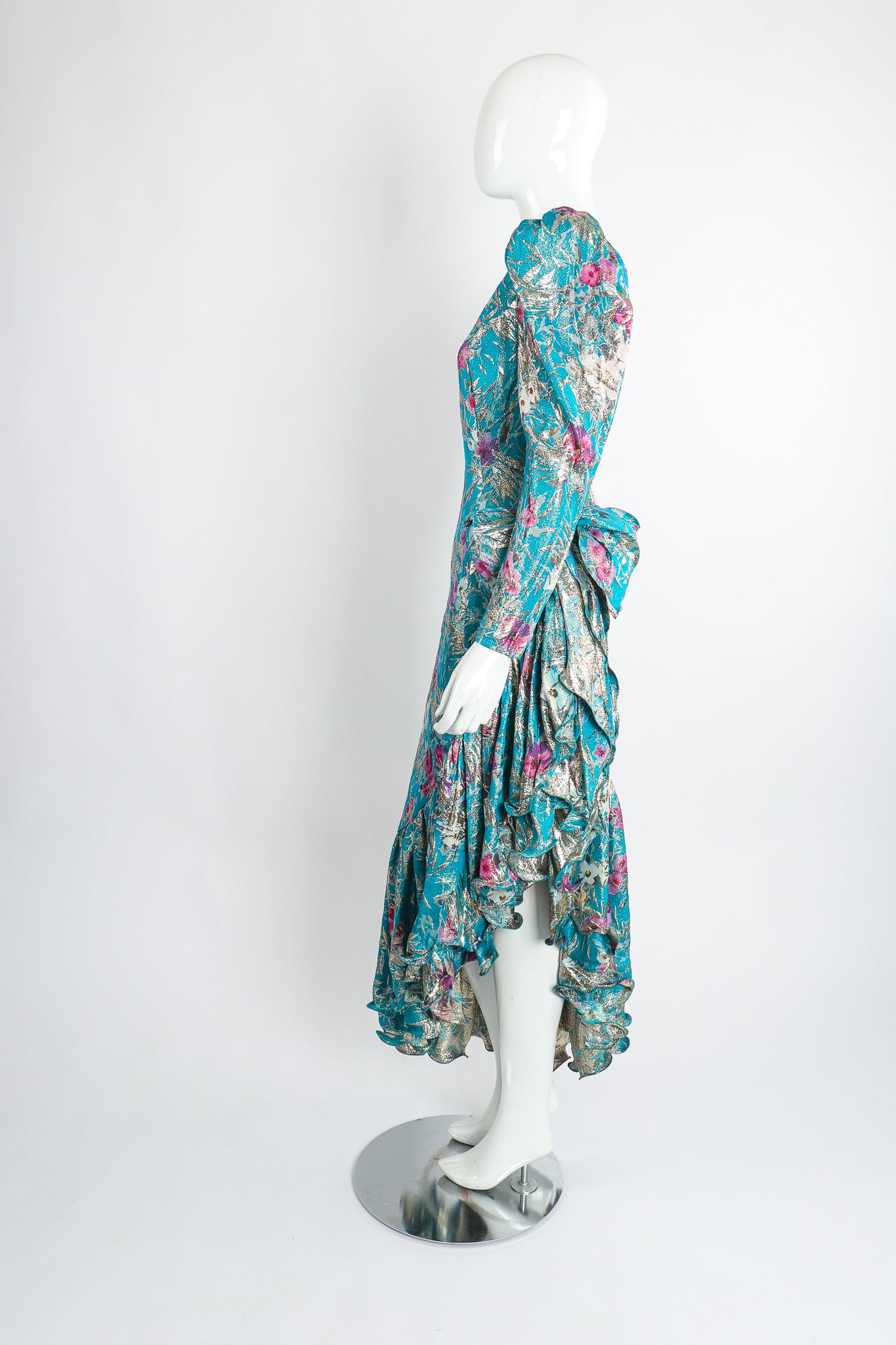 Vintage Frank Usher Asymmetrical Ruffle Hem Lamé Brocade Dress on Mannequin side at Recess LA