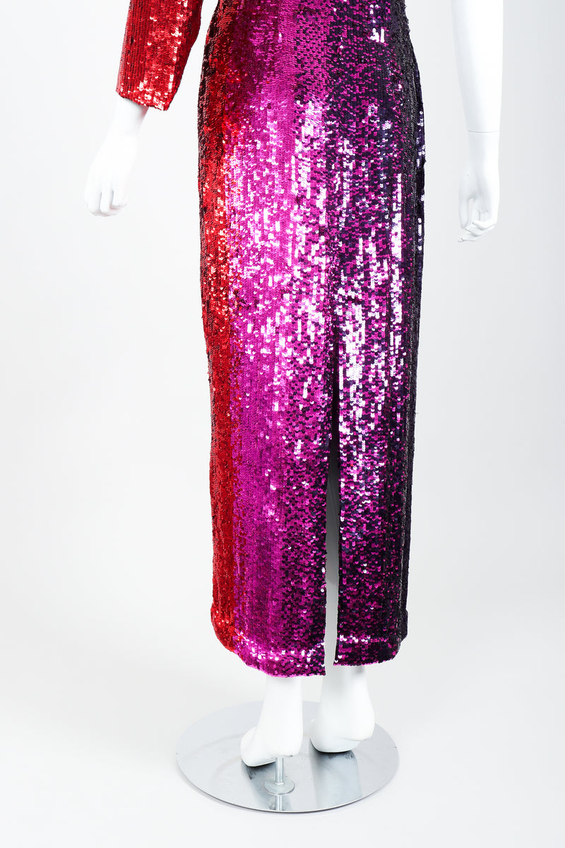 Vintage Frank Usher Ombré Red Pink Sequin One-Shoulder Gown on Mannequin skirt at Recess