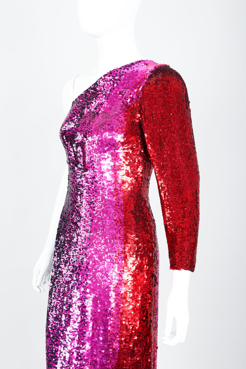 Vintage Frank Usher Ombr Red Pink Sequin One-Shoulder Gown Recess Vintage Frank Usher Ombr Red Pink Sequin One-Shoulder Gown Recess