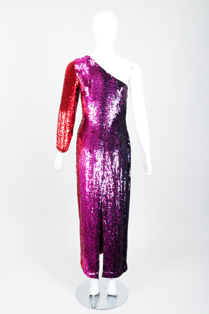 Vintage Frank Usher Ombré Red Pink Sequin One-Shoulder Gown on Mannequin back at Recess