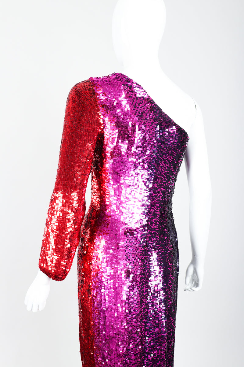 Vintage Frank Usher Ombré Red Pink Sequin One-Shoulder Gown on Mannequin back crop at Recess