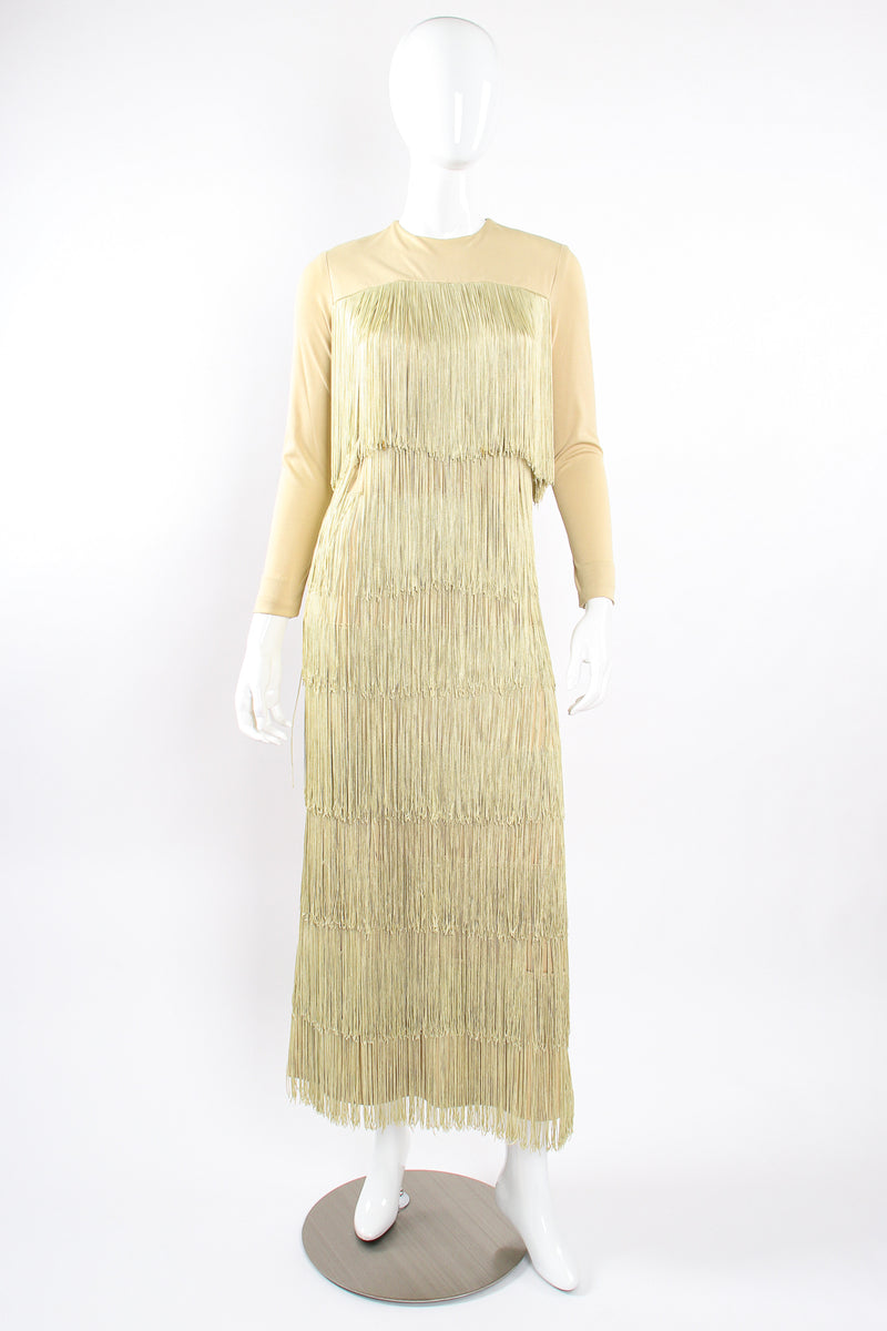 Vintage Fred Perlberg Long Tiered Fringe Dress on mannequin front at Recess Los Angeles